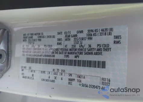 2015 Ford Escape Se from USA, damaged, VIN 1FMCU0GX4FUB88538